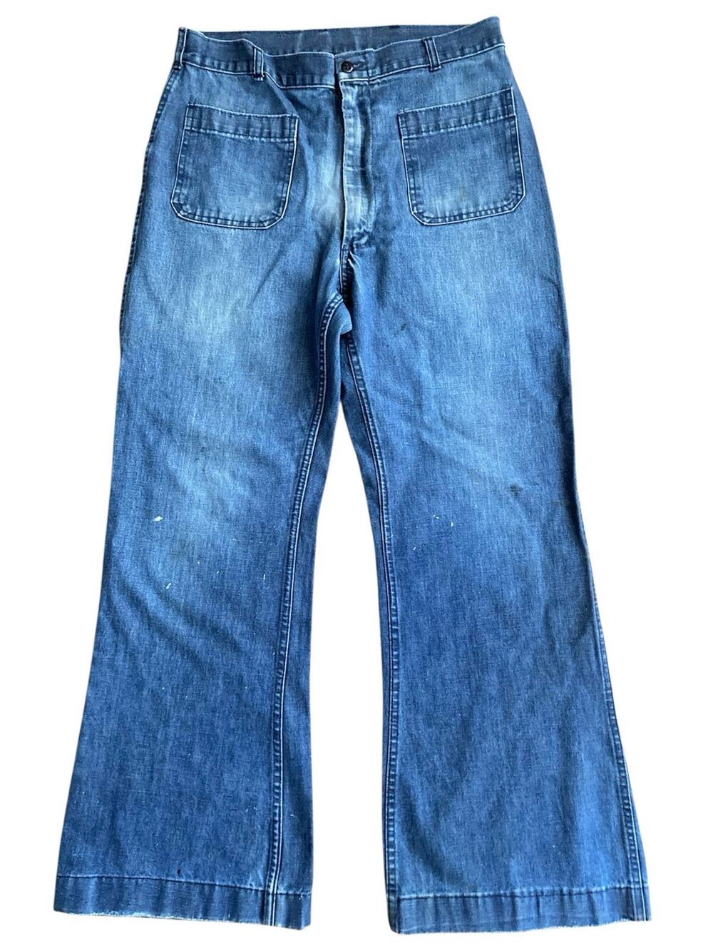 Vintage 70s Seafarer Bell Bottoms US Navy Denim Dungarees Sailor Jeans 34x31